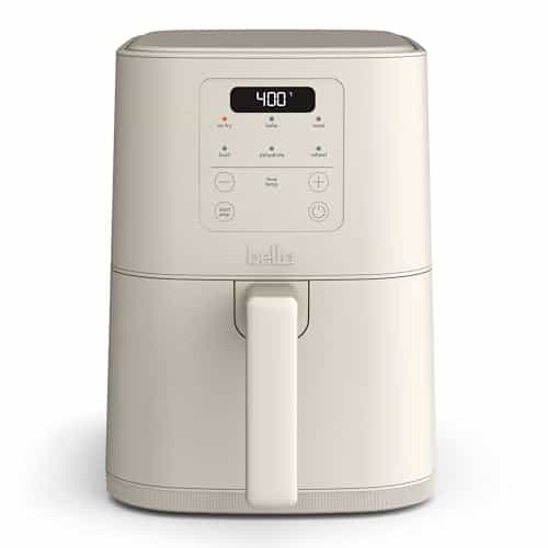 bella 4Qt Slim Air Fryer, Fits-anywhere™ Kitchenware, EverGood™ Ceramic Nonstick Coating, Adjustable Temperature, 6 Preset Cooking Options, 60 Min Auto Shutoff w Audible Tone, 3.3lb Capacity, Oatmilk